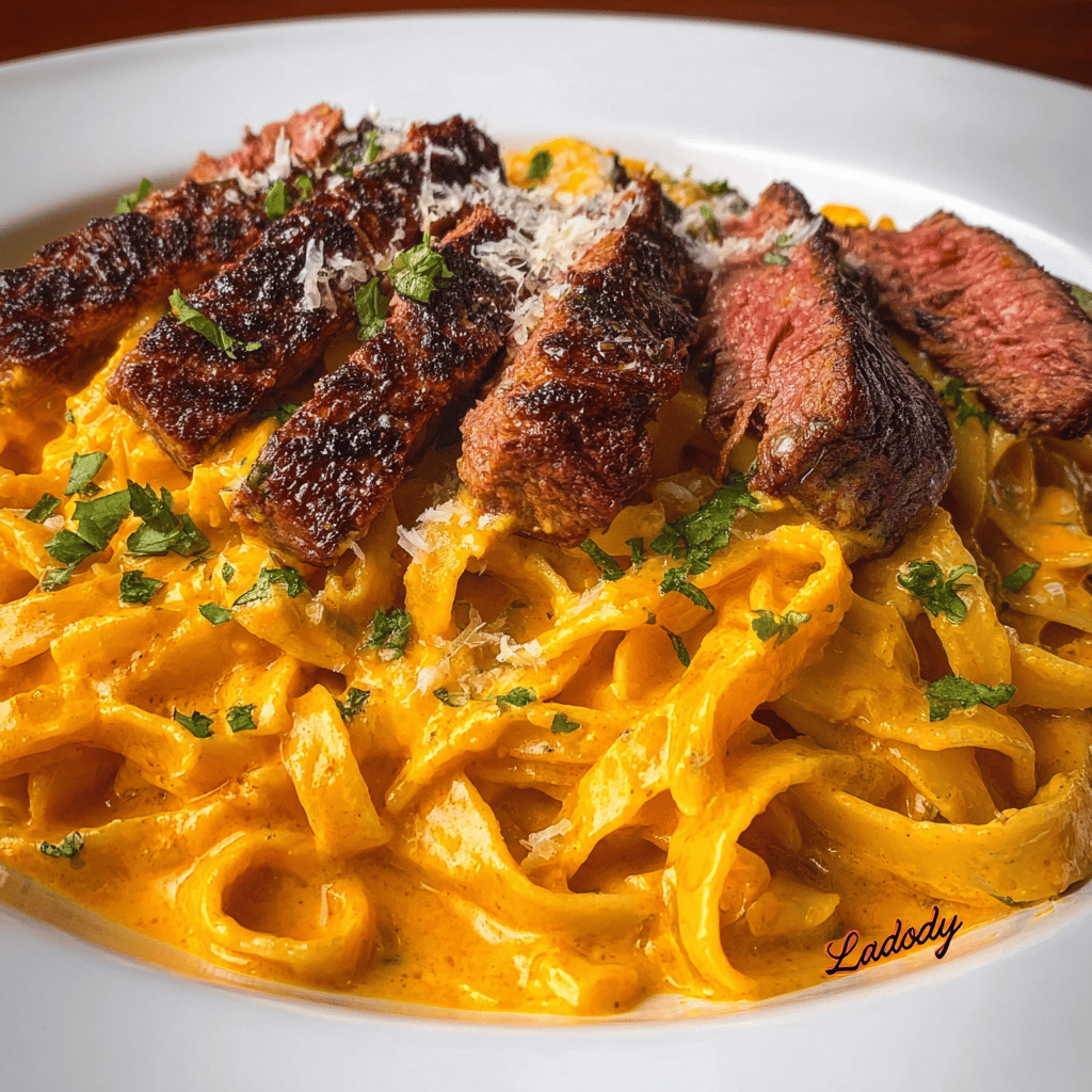 Velveeta Steak Fettuccine with Garlic Butter Cream Sauce