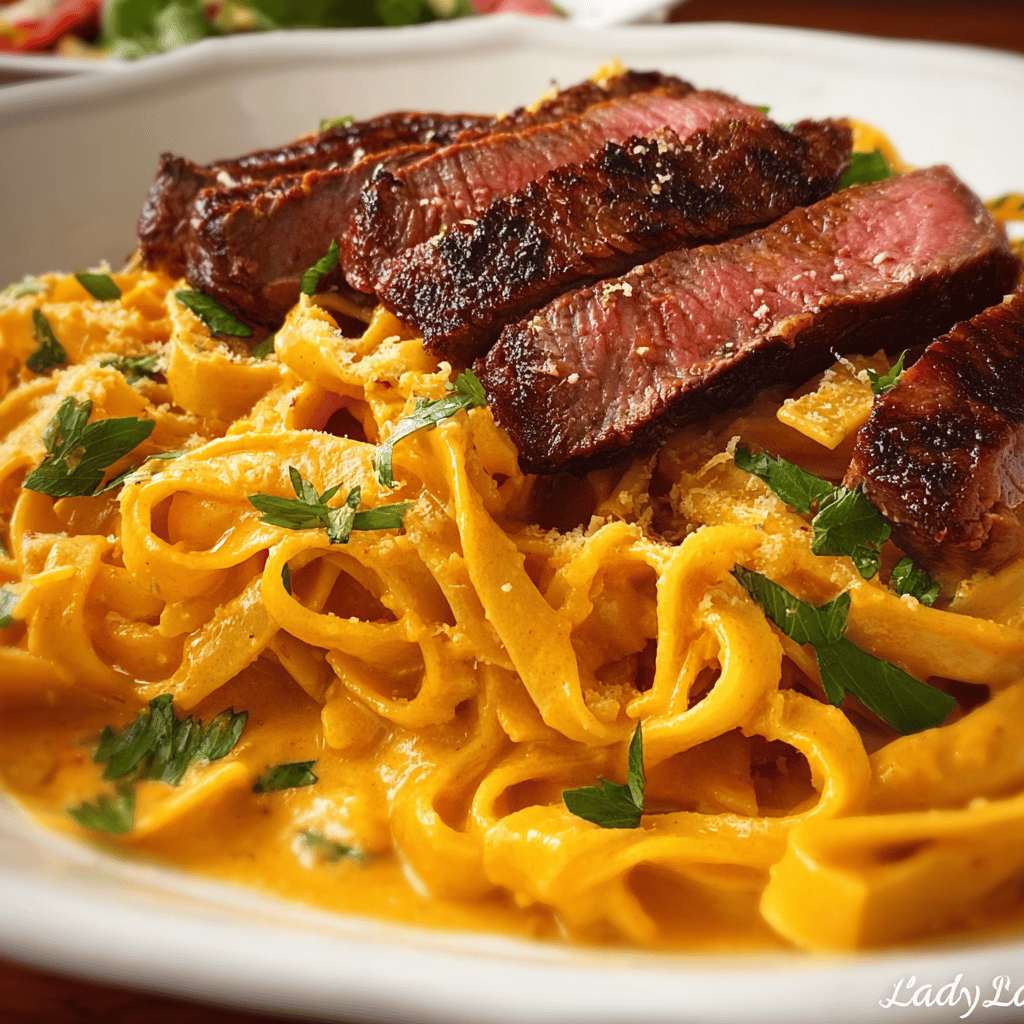 Velveeta Steak Fettuccine with Garlic Butter Cream Sauce