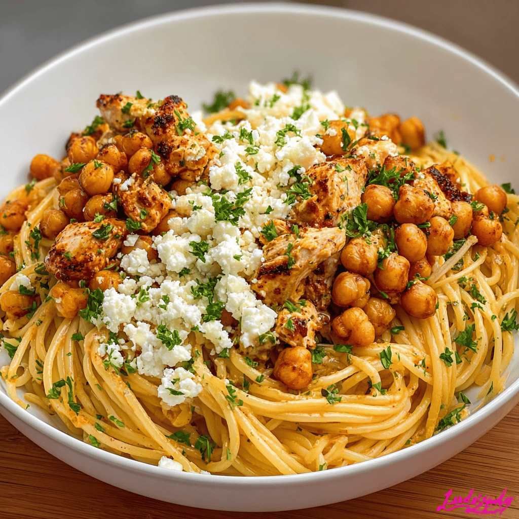 Creamy Cajun Chicken Pasta with Whipped Roasted Garlic Feta & Crispy Chickpeas