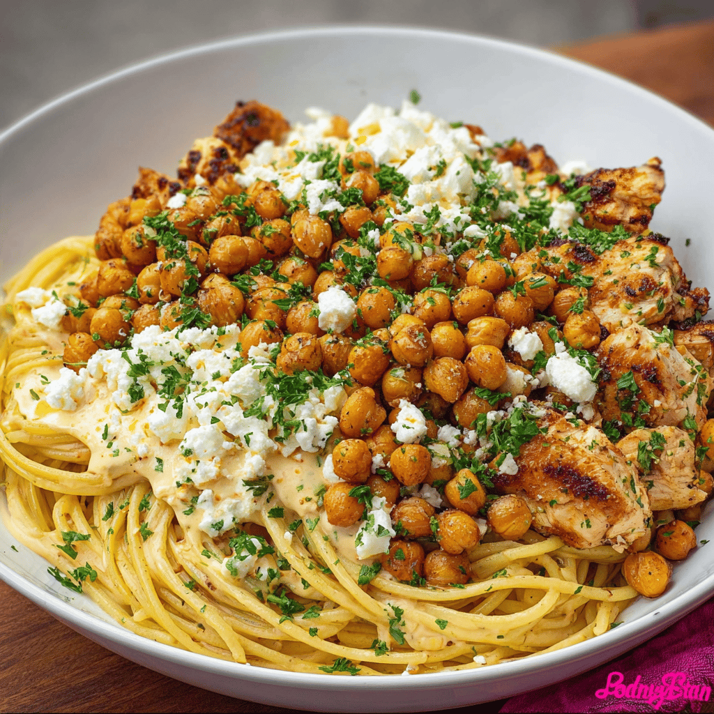 Creamy Cajun Chicken Pasta with Whipped Roasted Garlic Feta & Crispy Chickpeas