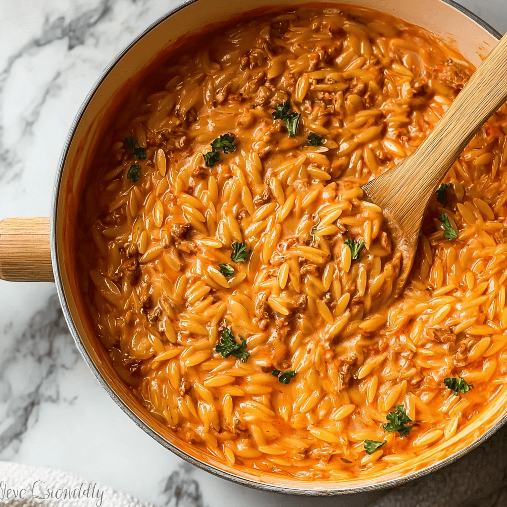 Delicious Ground Beef Orzo with Tomato Cream Sauce